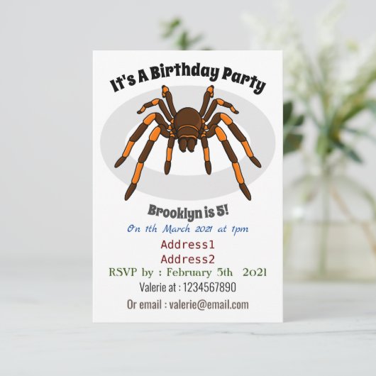 Creepy brown en oranje tarantula spider cartoon kaart (Staand voorkant)