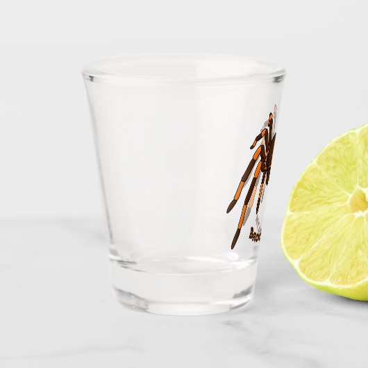 Creepy brown en oranje tarantula spider cartoon shot glas (Links)