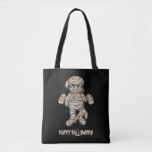 Creepy Cartoon Mummy & Happy Halloween Text Tote Bag (Voorkant)