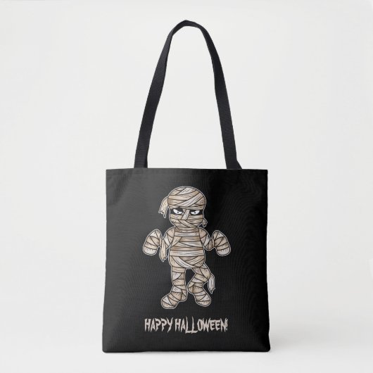 Creepy Cartoon Mummy & Happy Halloween Text Tote Bag (Voorkant)