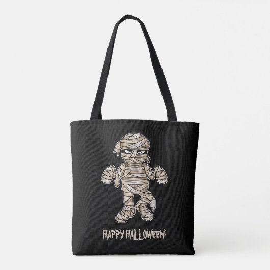 Creepy Cartoon Mummy & Happy Halloween Text Tote Bag (Achterkant)