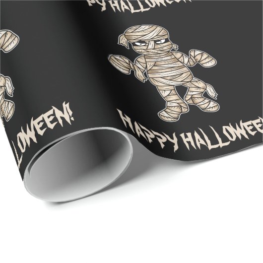 Creepy Cartoon Mummy Pattern Happy Halloween Text Cadeaupapier (Rol Hoek)