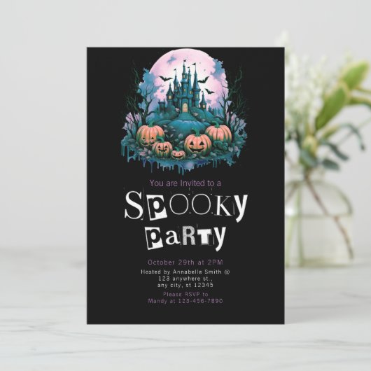 Creepy Castle Full Moon Minimalist Halloween Party Kaart (Staand voorkant)