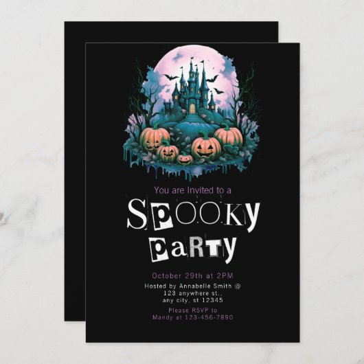 Creepy Castle Full Moon Minimalist Halloween Party Kaart (Voorkant / Achterkant)