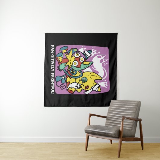 Creepy Cats Halloween Art: Paw-sitively angstaanja Wandkleed (In Situ (horizontaal))