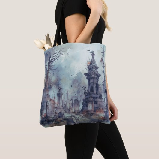 Creepy Cemetery Graveyard Graves kruist Halloween Tote Bag (Dichtbij)