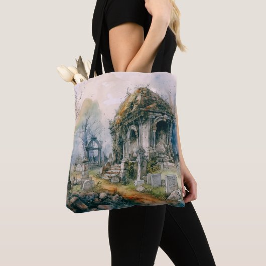 Creepy Cemetery Graveyard Graves kruist Halloween Tote Bag (Dichtbij)