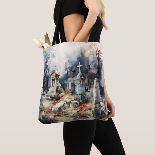 Creepy Cemetery Graveyard Graves kruist Halloween Tote Bag (Dichtbij)