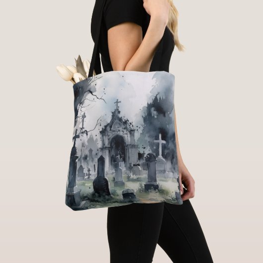 Creepy Cemetery Graveyard Graves kruist Halloween Tote Bag (Dichtbij)