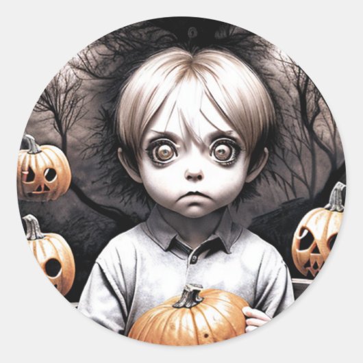 Creepy Chibi Boy met Pompoen Halloween Ronde Sticker (Voorkant)