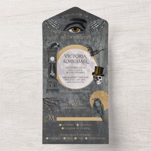 Creepy Cool Celestial Full Moon Gothic Wedding All In One Uitnodiging (Binnen)