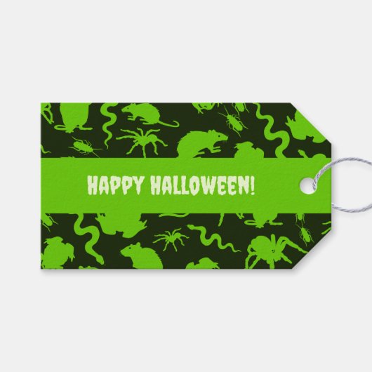 Creepy Crawlies Happy Halloween! Green Pattern Cadeaulabel (Voorkant (Horizontaal))