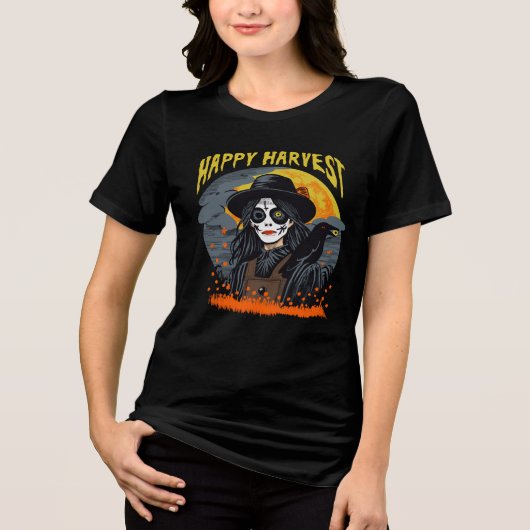 Creepy Crow & Halloween Scarecrow Spooky Eyeball Tri-Blend Shirt (Voorkant)