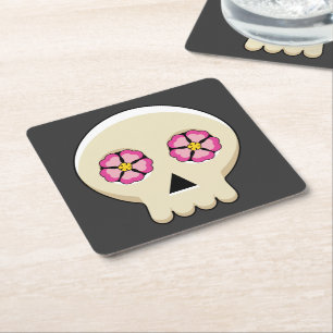 Creepy Cute Kawaii Gothic Skull met Flowers Kartonnen Onderzetters