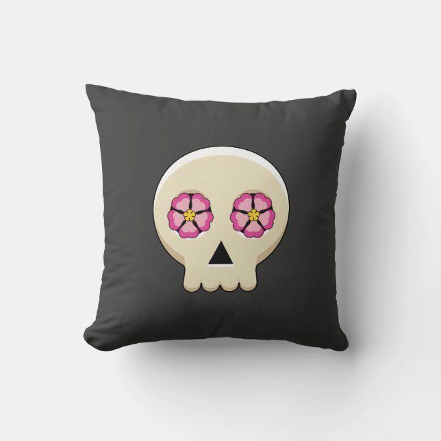 Creepy Cute Kawaii Gothic Skull met Flowers Kussen (Voorkant)