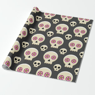 Creepy Cute Kawaii Gothic Skull met Flowers Patter Cadeaupapier