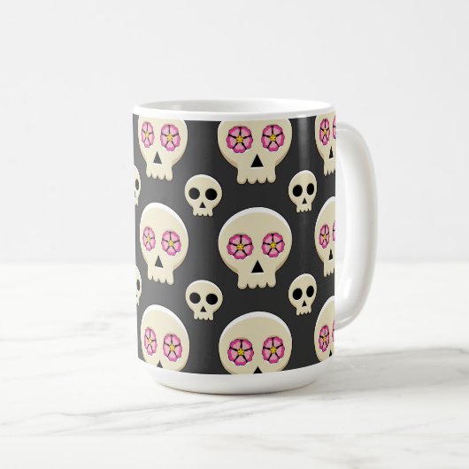 Creepy Cute Kawaii Gothic Skull met Flowers Patter Koffiemok (Voorkant rechts)
