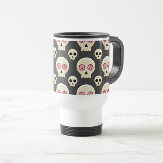 Creepy Cute Kawaii Gothic Skull met Flowers Patter Reisbeker (Voorkant rechts)