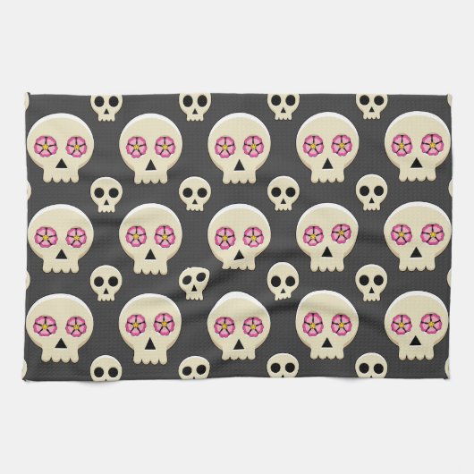 Creepy Cute Kawaii Gothic Skull met Flowers Patter Theedoek (Horizontaal)