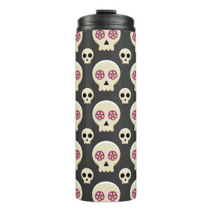 Creepy Cute Kawaii Gothic Skull met Flowers Patter Thermosbeker