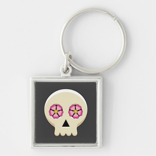 Creepy Cute Kawaii Gothic Skull met Flowers Sleutelhanger (Voorkant)