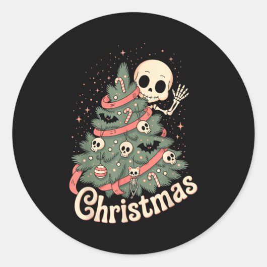 Creepy Cute Kawaii Skeleton Christmas Tree Skull B Ronde Sticker (Voorkant)