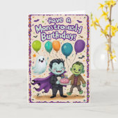 Creepy Cute Monsters Kids Birthday  Kaart (Gele Bloem)