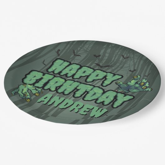 Creepy Donkergroene Zombie Happy Birthday Party Papieren Bordje (Gekanteld)