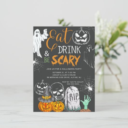 Creepy Eat Drink & Be Scary Halloween Kaart (Staand voorkant)