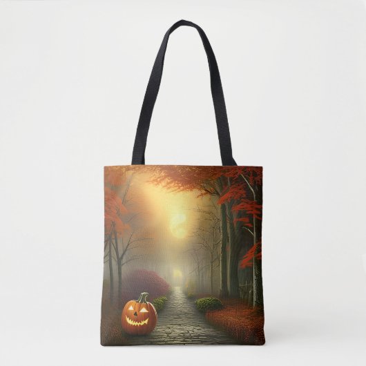 Creepy Forest Path Jack-O' Lantern Halloween Tote Bag (Voorkant)