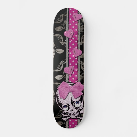 Creepy Girl Skull met Roze Bow op Black Damask Skateboard (Voorkant)
