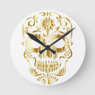 Creepy Gold Skeleton Face Wall Clock Ronde Klok