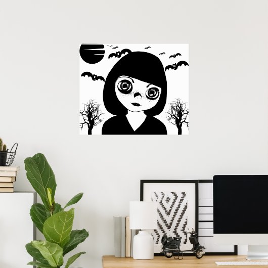 Creepy Gothic Child Bats moon Halloween Art Poster (Thuiskantoor)