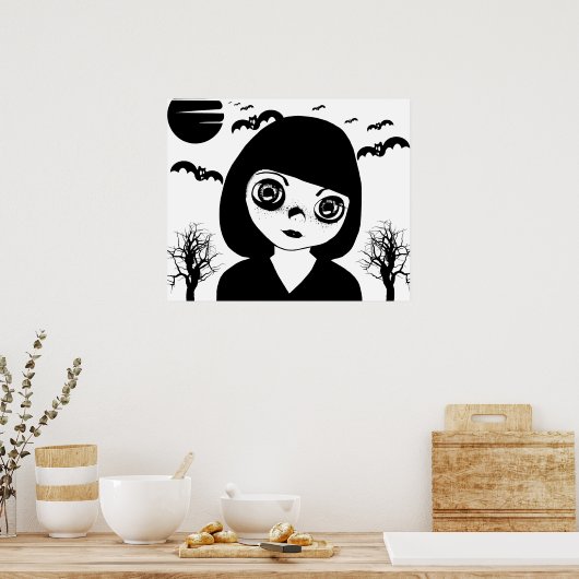 Creepy Gothic Child Bats moon Halloween Art Poster (Keuken)