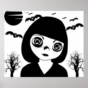 Creepy Gothic Child Bats moon Halloween Art Poster