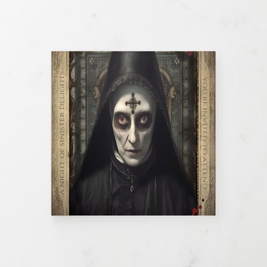 Creepy Gothic Nun QR Code Volwassen Halloween Drieluik Uitnodiging (Cover)