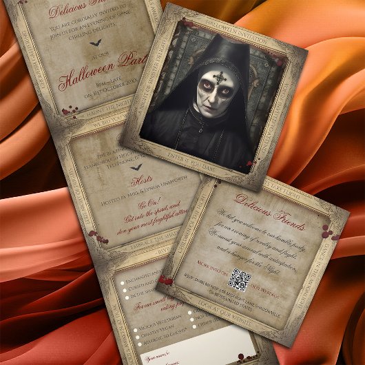 Creepy Gothic Nun QR Code Volwassen Halloween Drieluik Uitnodiging