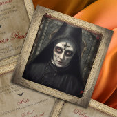 Creepy Gothic Nun QR Code Volwassen Halloween Drieluik Uitnodiging