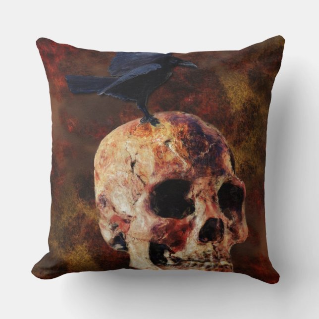 Creepy Gothic Skull and Crow - Halloween Horror Kussen (Voorkant)