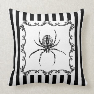 Creepy Gothic Spider Drawing Black & White Stripes Kussen