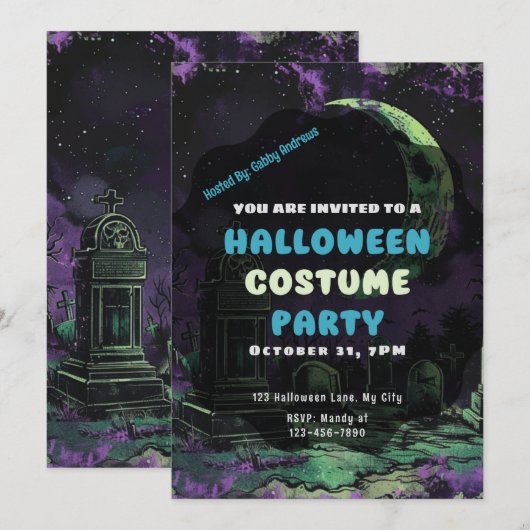 Creepy Graveyard Cemetery Crescent Moon Halloween Kaart (Voorkant / Achterkant)