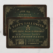 Creepy Green & Gold Happy Halloween Party Uitnodig Kaart (Voorkant / Achterkant)