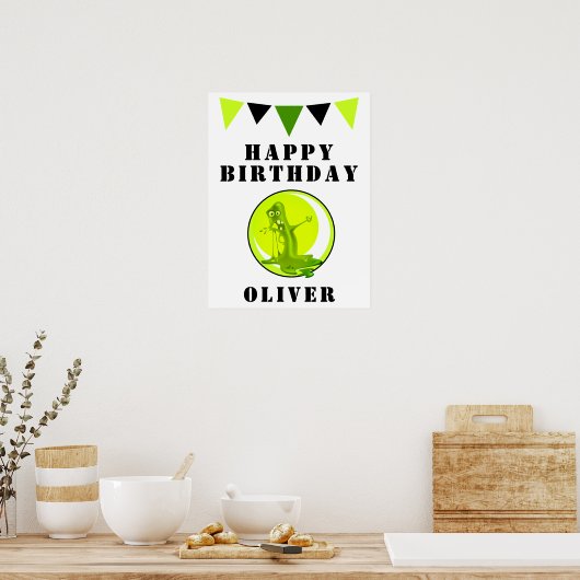 Creepy Green Slime Monster Flags Birthday Party Poster (Keuken)