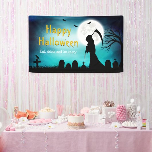 Creepy Grim Reaper Death Happy Halloween Party Spandoek (Feest)