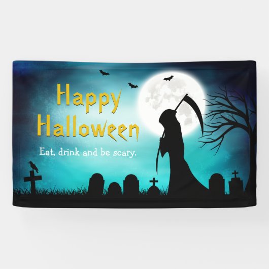 Creepy Grim Reaper Death Happy Halloween Party Spandoek (Horizontaal)