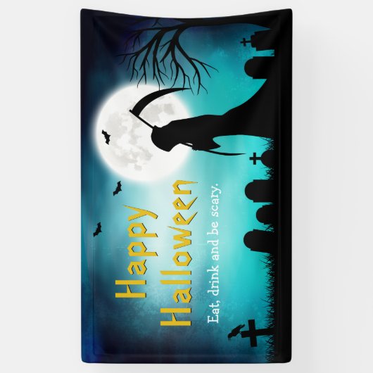 Creepy Grim Reaper Death Happy Halloween Party Spandoek (Verticaal)