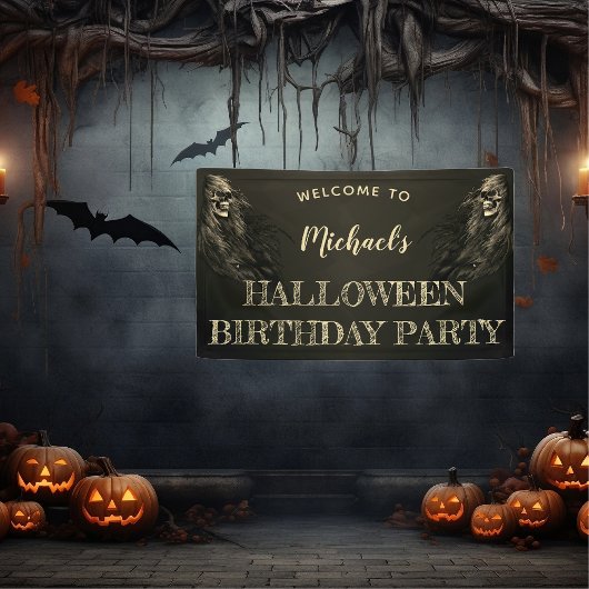 Creepy Hair Skull Halloween Birthday Welkom Spandoek