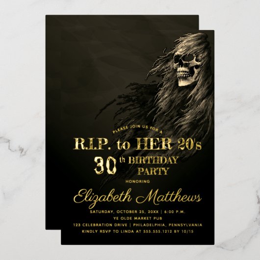 Creepy Hair Skull RIP naar haar 20s-feest Folie Uitnodiging (Voorkant / Achterkant)