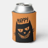 Creepy Halloween Black Cat op Sinaasappel Blikjeskoeler (Blikje Achterkant)