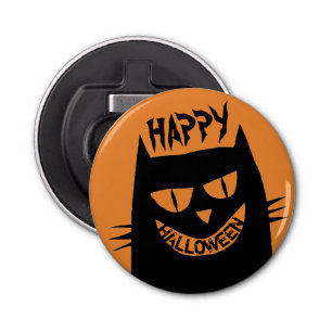 Creepy Halloween Black Cat op Sinaasappel Button Flesopener